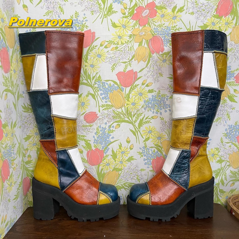 Vintage Y2K - Kadın Retro Patchwork Deri Diz Yüksek